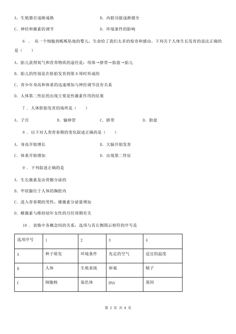 北师大版2019-2020学年八年级上册生物 6.19.1人的生殖和发育 同步测试题_第2页