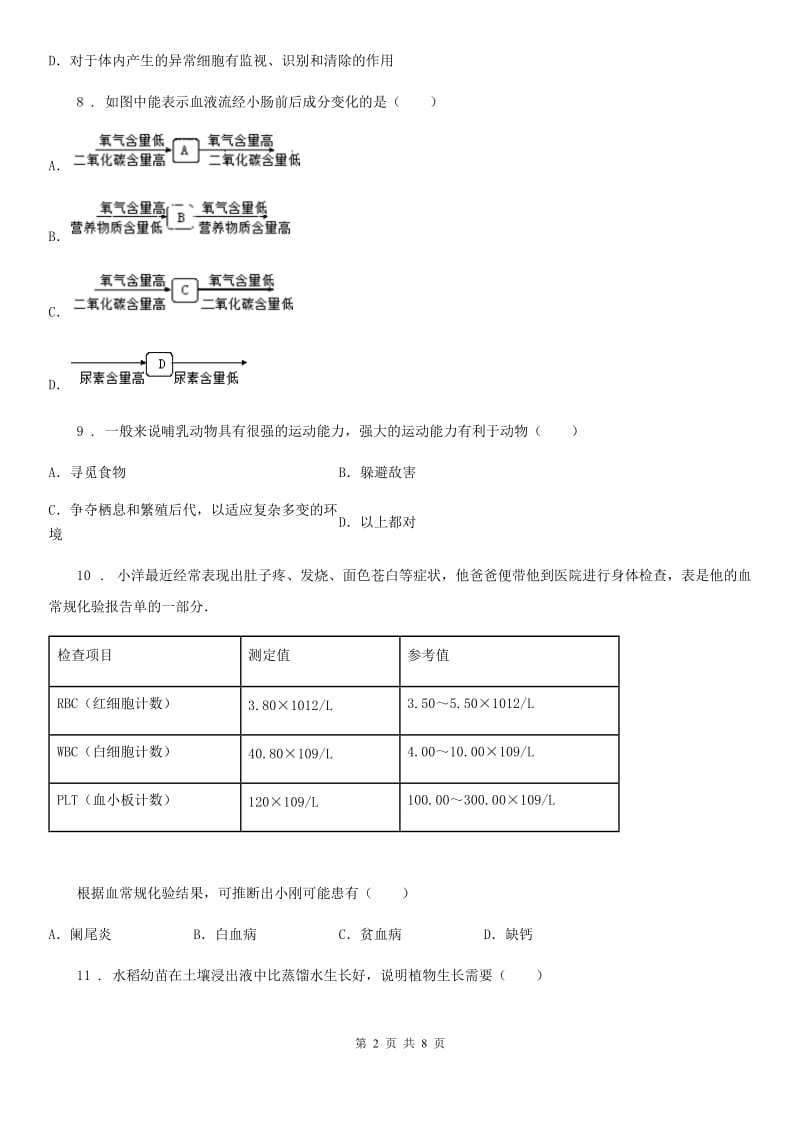 人教版（新课程标准）2020年七年级下学期期中考试生物试题（II）卷（模拟）_第2页