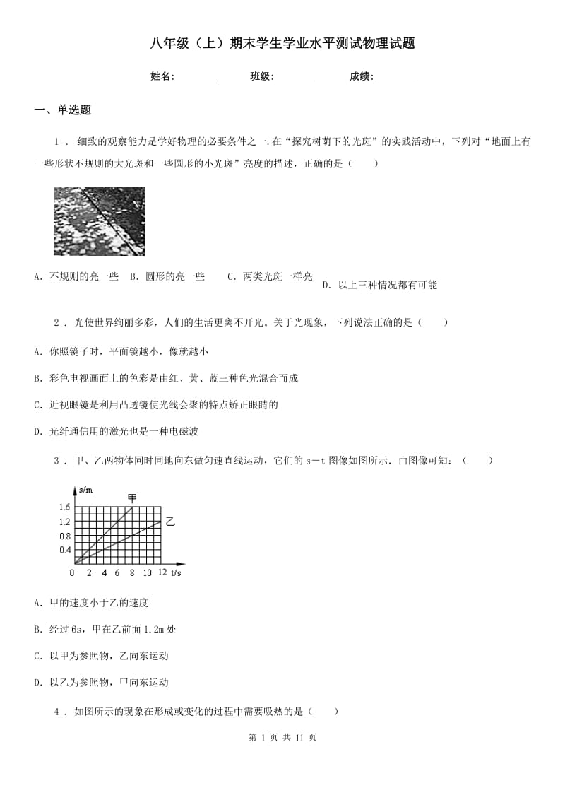 八年级（上）期末学生学业水平测试物理试题_第1页