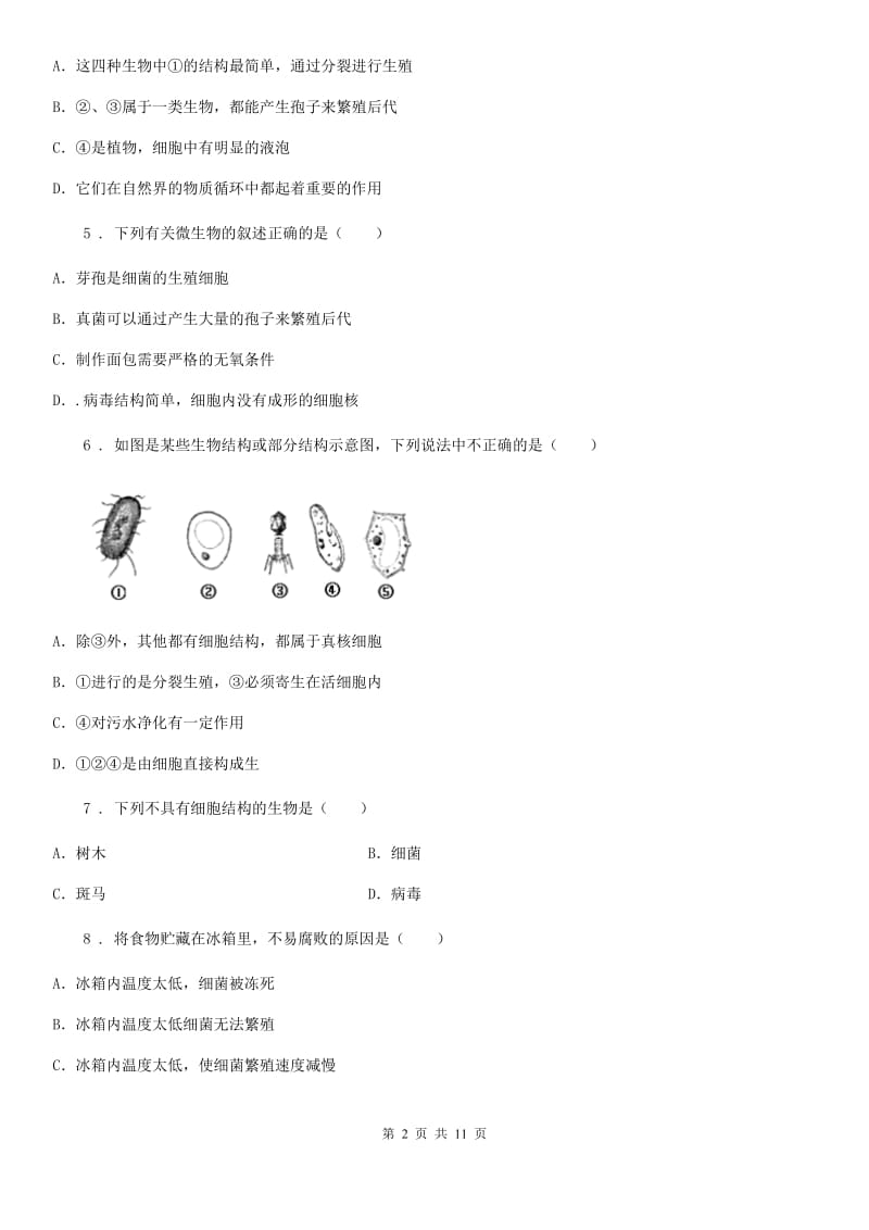 人教版生物八年级上册5.4.2细菌同步针对特练课时同步测试题_第2页