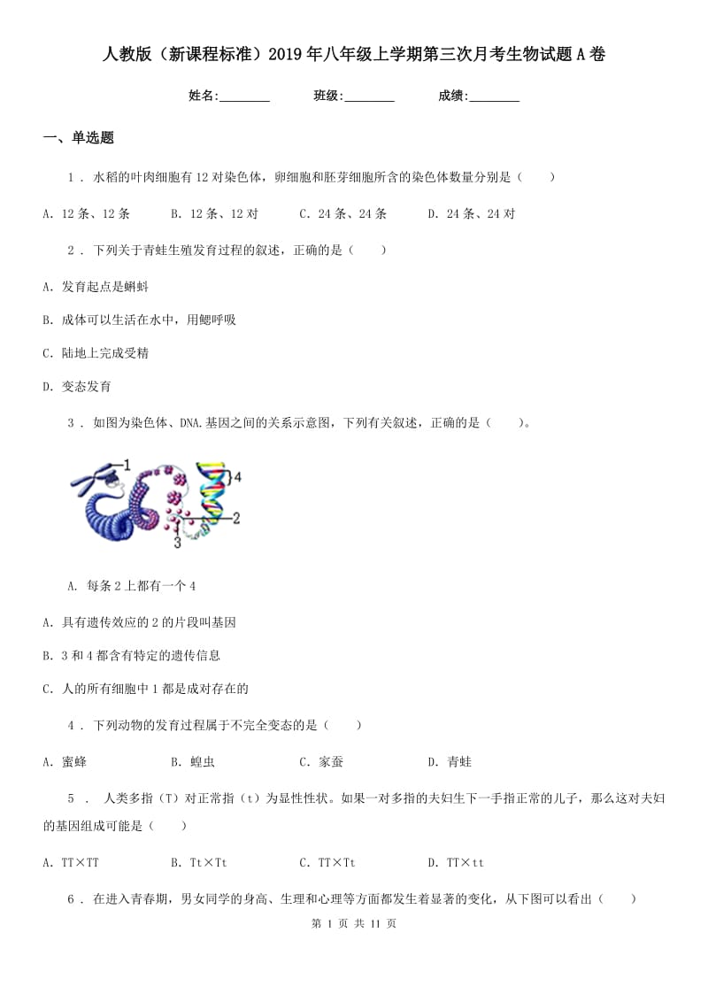 人教版（新课程标准）2019年八年级上学期第三次月考生物试题A卷_第1页