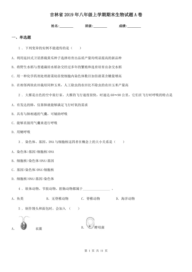 吉林省2019年八年级上学期期末生物试题A卷_第1页