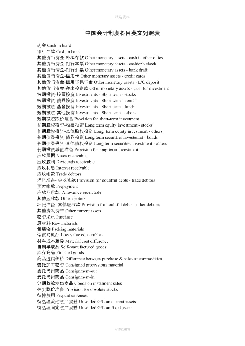 中国会计制度科目英文对照表_第1页