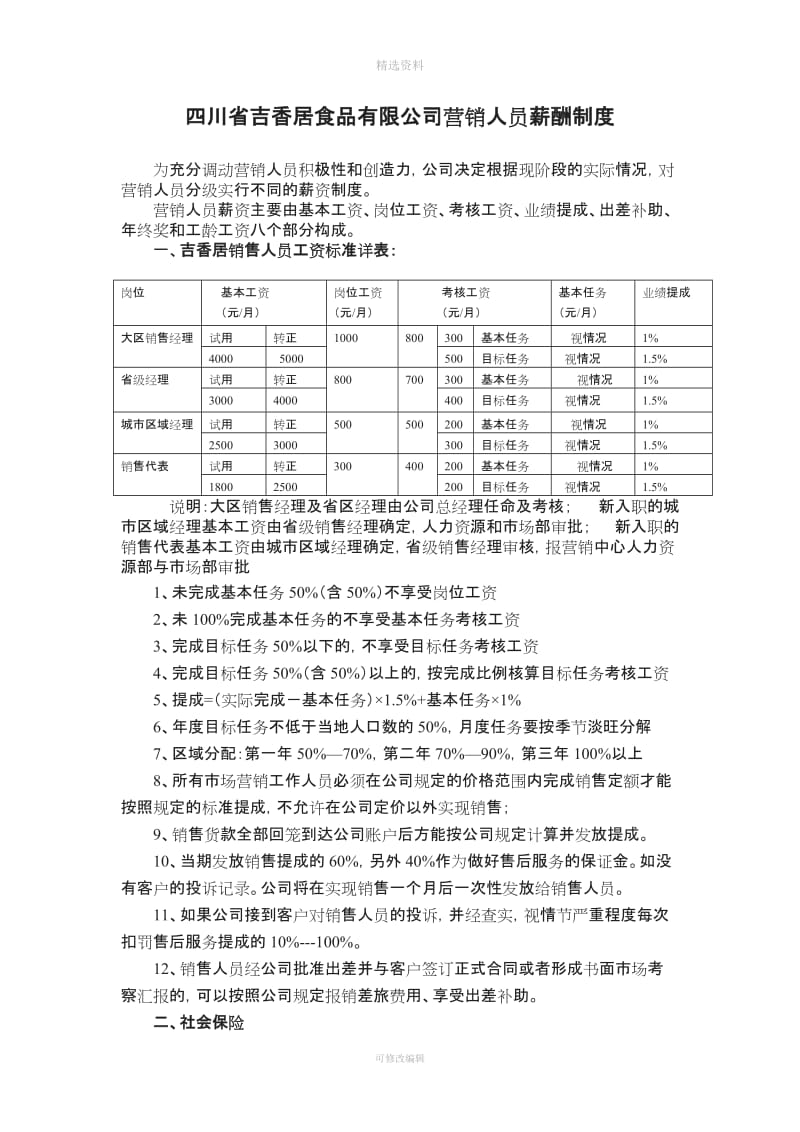 四川省吉香居食品有限公司营销人员薪酬制度_第1页