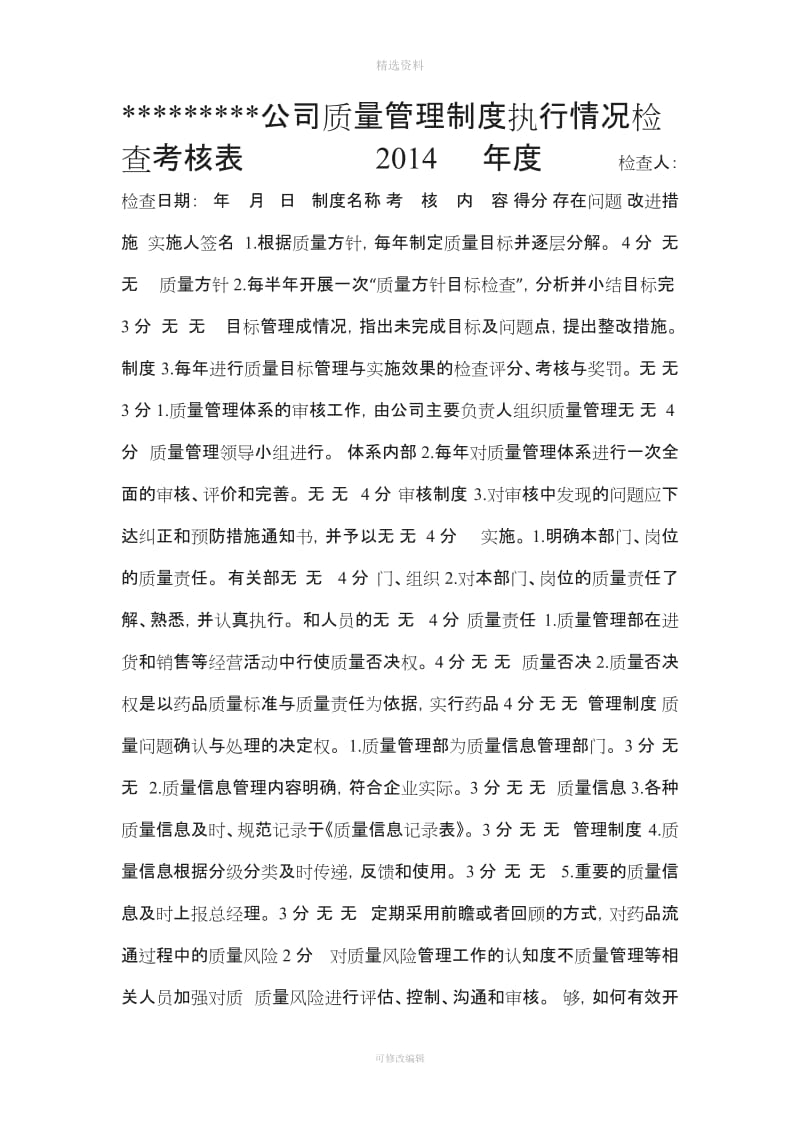 公司质量管理制度执行情况检查考核表_第1页