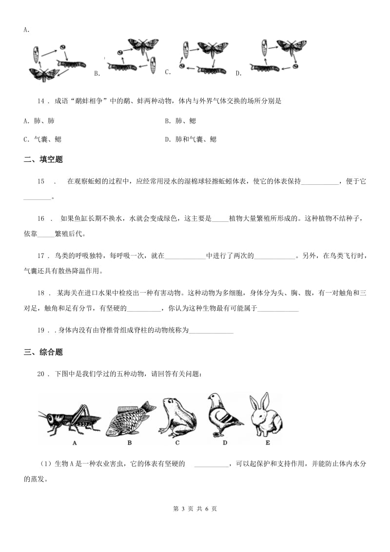 北师大版八年级下册生物 第22章 物种多样性练习题_第3页