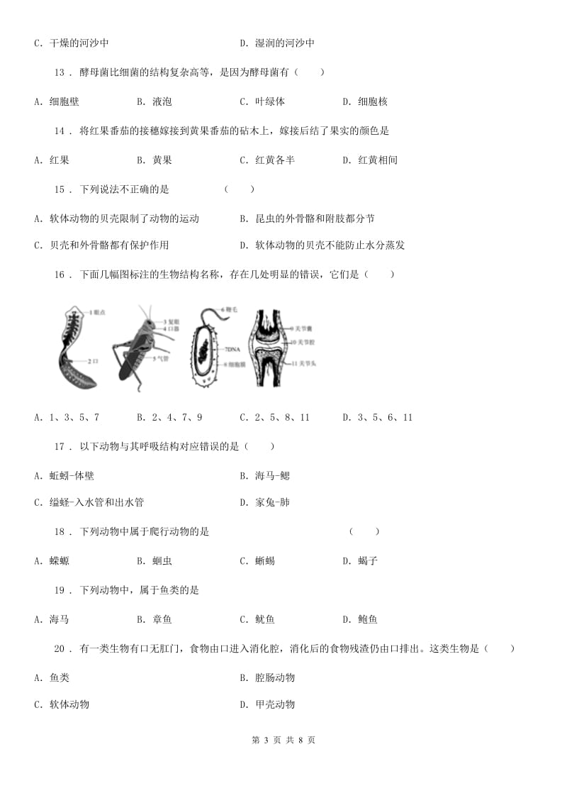 人教版（新课程标准）2019版八年级上学期期末考试生物试题D卷（测试）_第3页