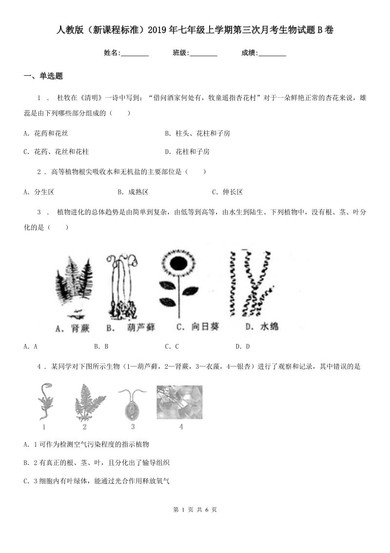 人教版（新课程标准）2019年七年级上学期第三次月考生物试题B卷_第1页