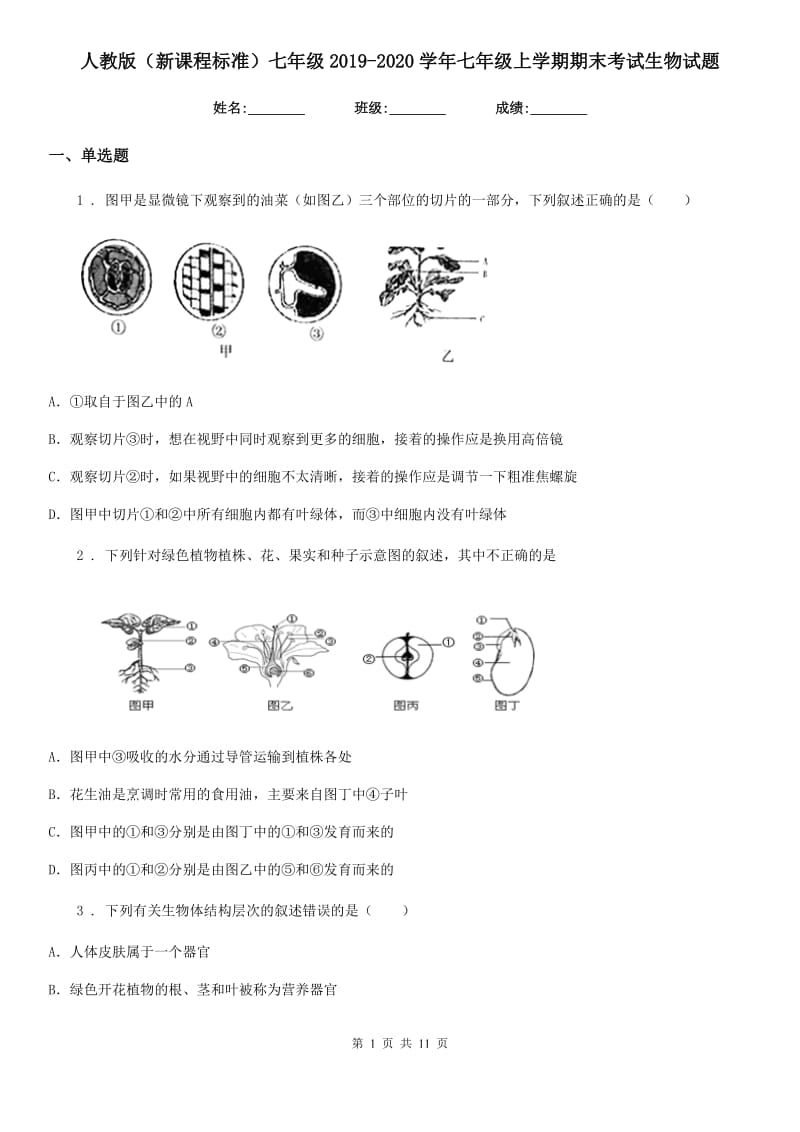 人教版（新课程标准）七年级2019-2020学年七年级上学期期末考试生物试题_第1页