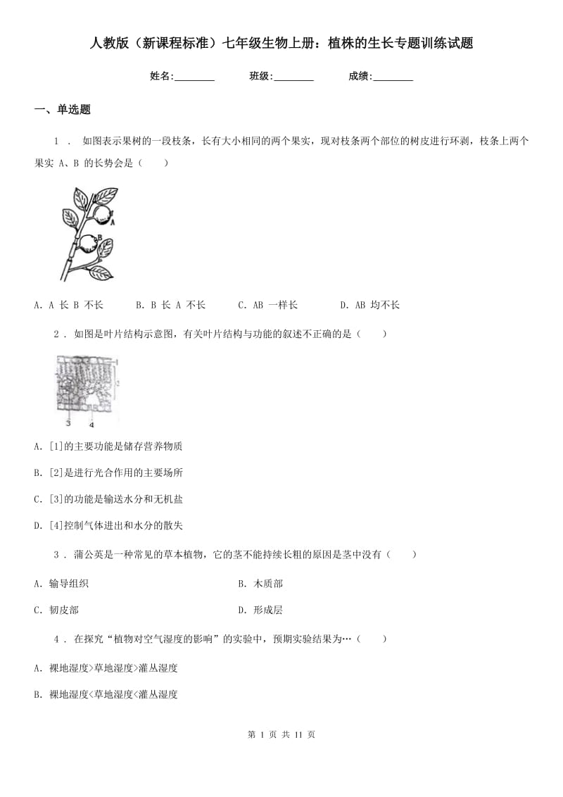 人教版（新课程标准）七年级生物上册：植株的生长专题训练试题_第1页