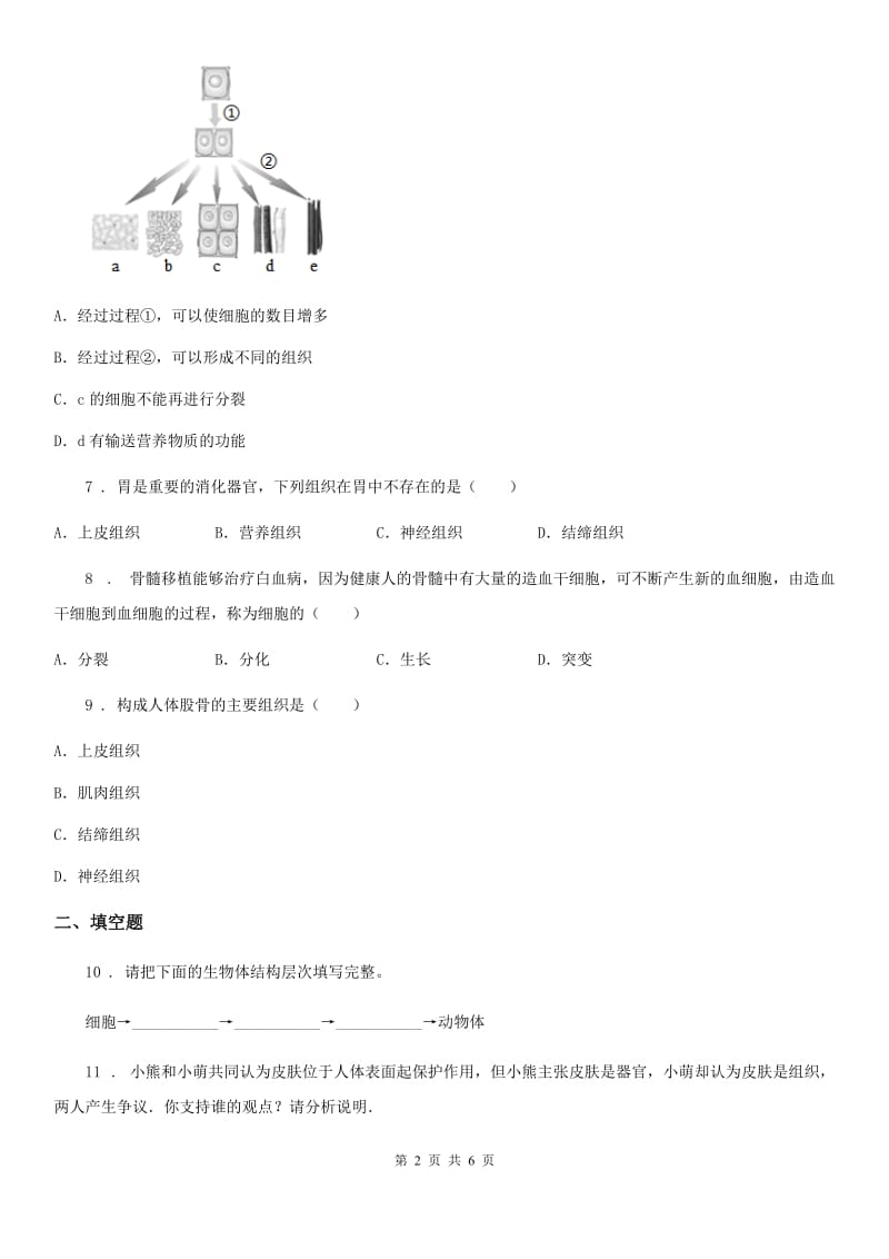 北师大版2019-2020学年七年级上册生物 2.4.1细胞分化形成组织 同步测试题_第2页