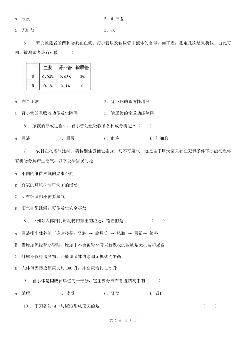 人教版（新课程标准）七年级下册生物 3.2 排泄 同步练习题_第2页