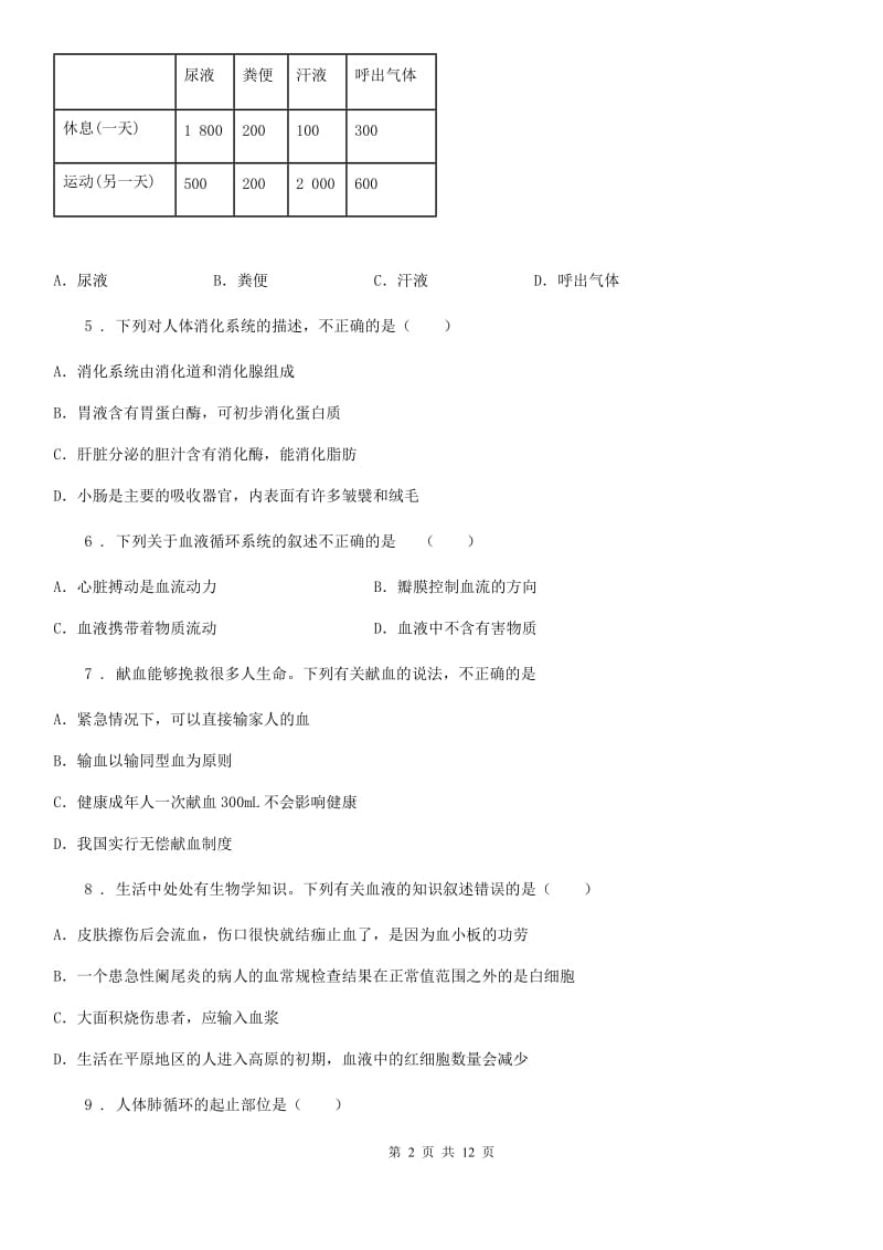 人教版（新课程标准）2019-2020年度七年级下学期期中生物试题C卷（模拟）_第2页