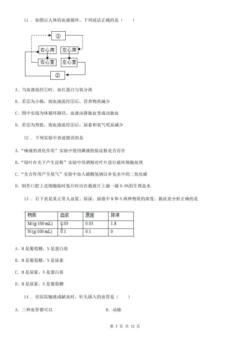 人教版（新课程标准）2019-2020学年七年级下学期期中考试生物试题（I）卷（模拟）_第3页