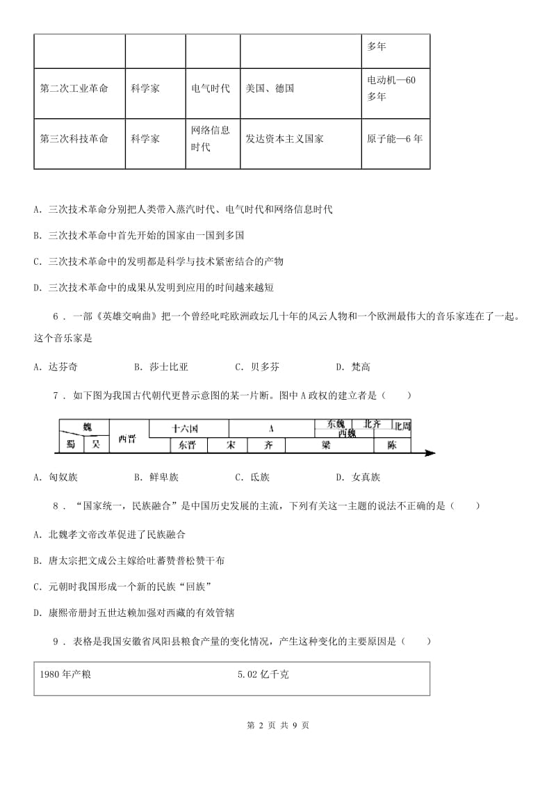 人教版2020年（春秋版）九年级中考模拟测试历史试题B卷_第2页