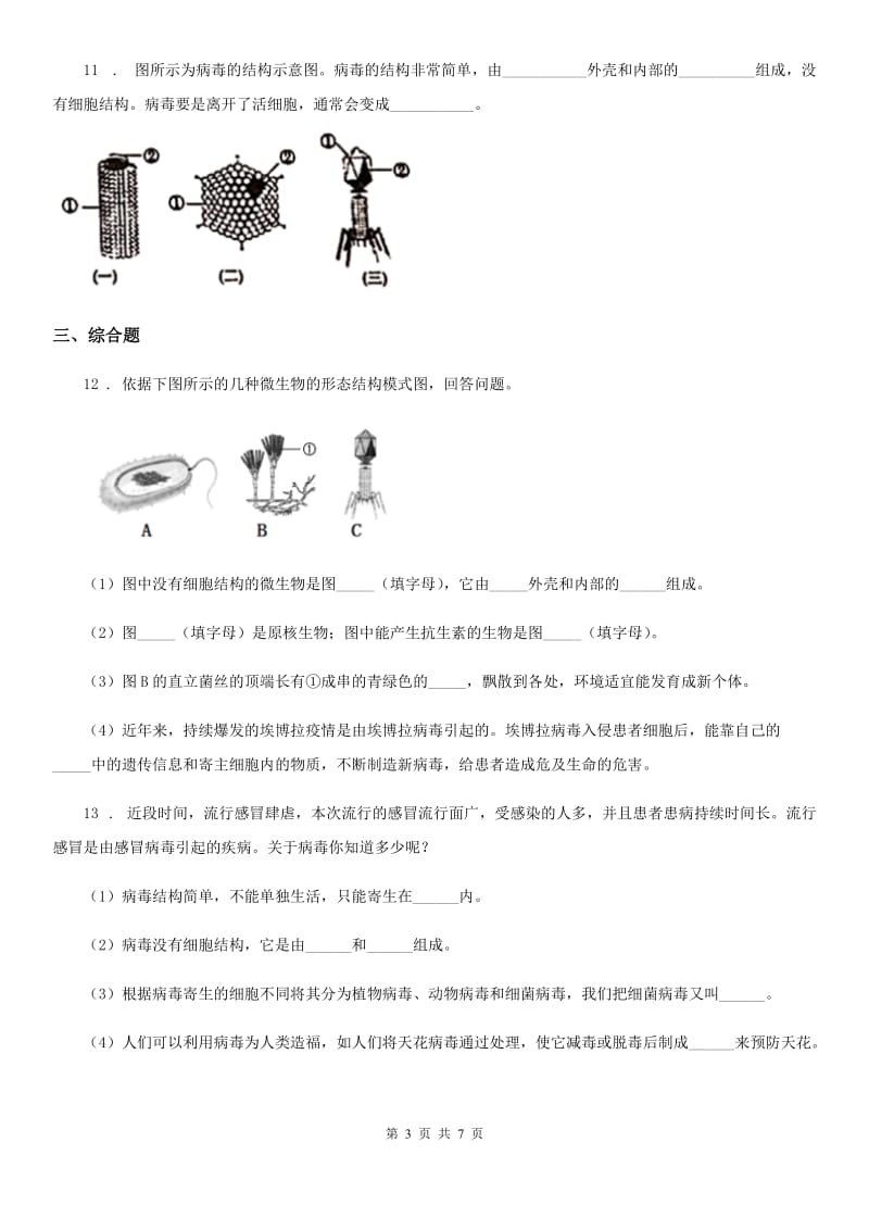 济南版生物七年级上册《3.1病毒》测试题_第3页