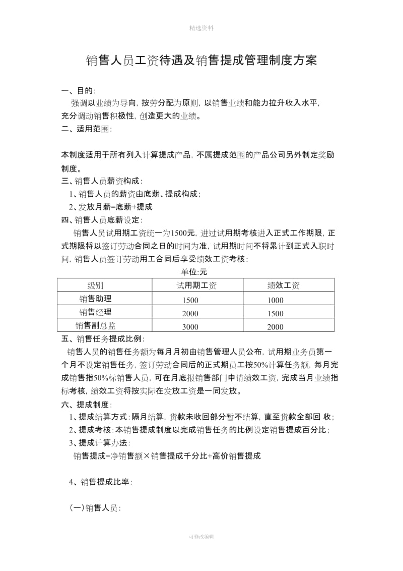 销售人员工资待遇及销售提成管理制度方案_第1页