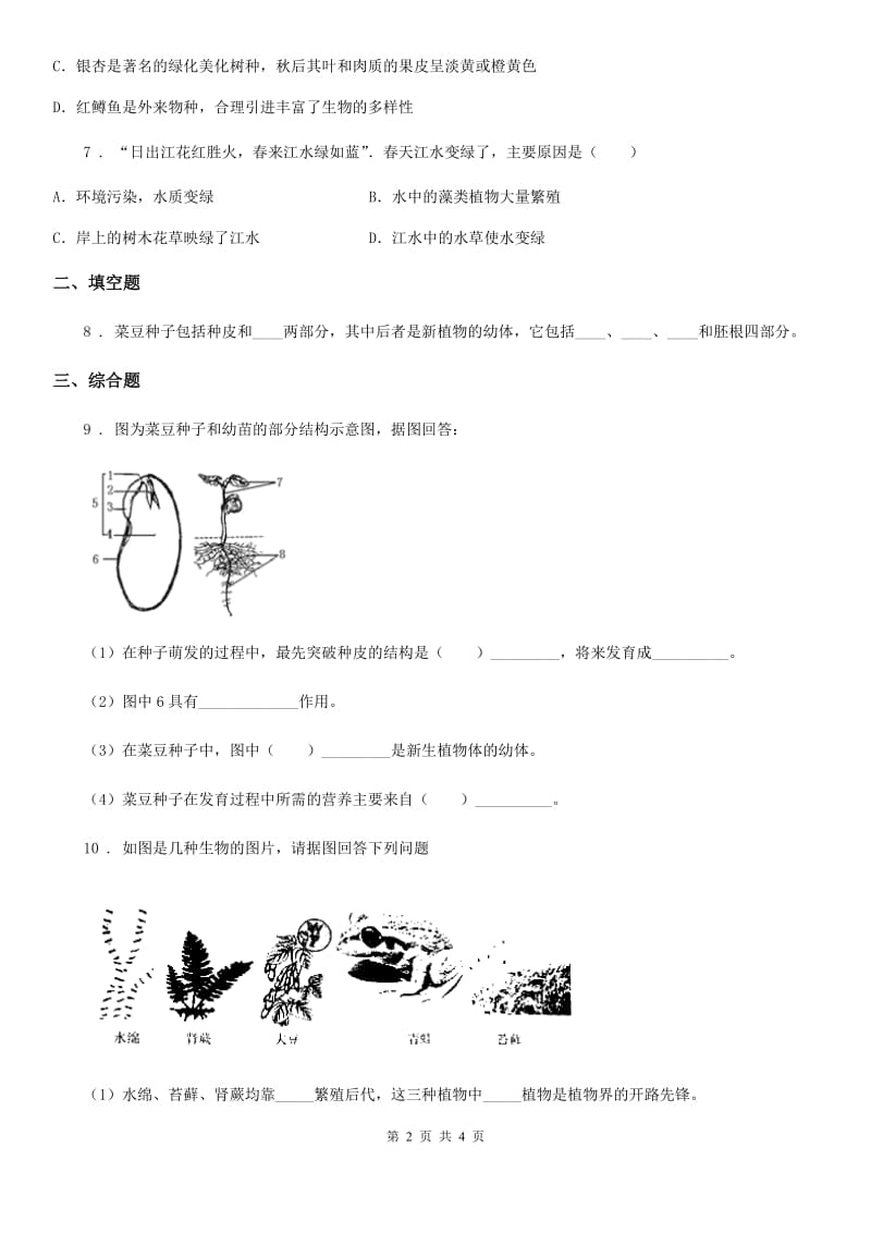 人教版七年级上册生物3.1.2种子植物同步测试_第2页