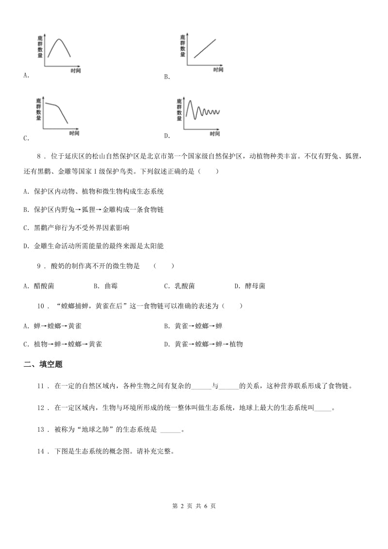 人教版2019-2020学年生物七年级上册 1.2.2生物与环境组成生态系统 同步测试题_第2页