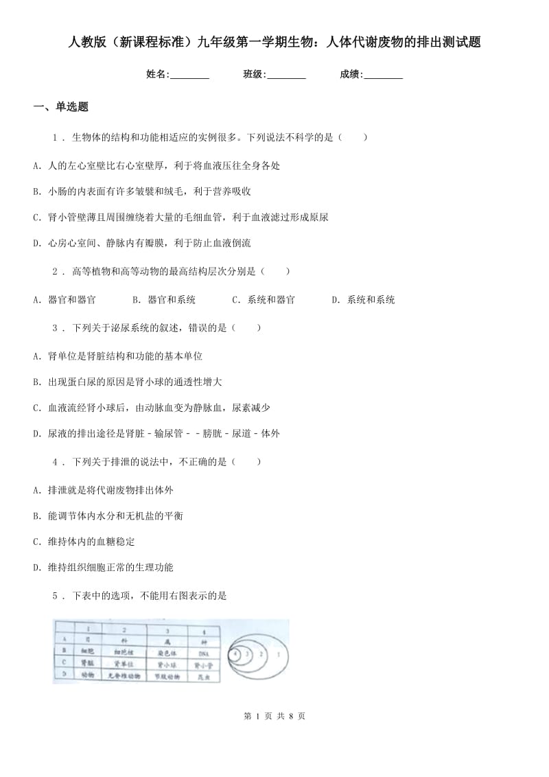 人教版（新课程标准）九年级第一学期生物：人体代谢废物的排出测试题_第1页