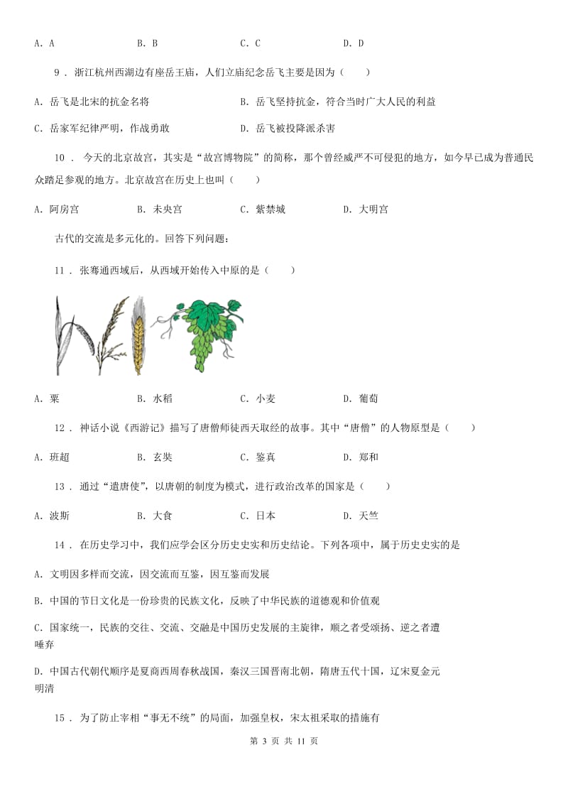 人教版2019版七年级上学期期末历史试题（II）卷（练习）_第3页