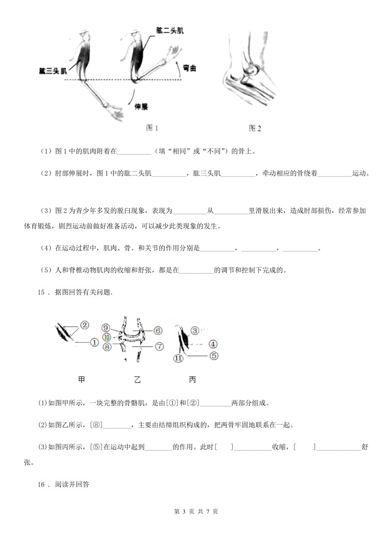 人教版2019-2020学年八年级上册生物 5.2.1动物的运动 同步测试题A卷_第3页