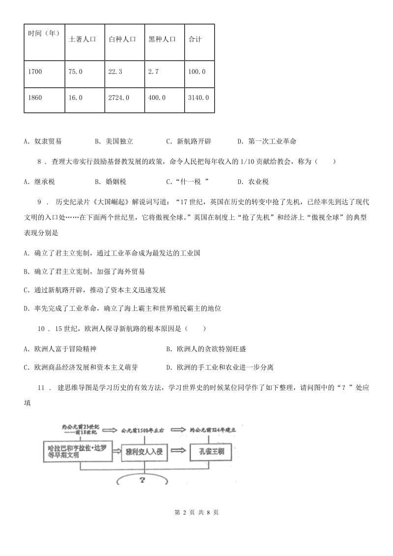 人教版2020年九年级上学期期中考试历史试卷A卷（模拟）_第2页