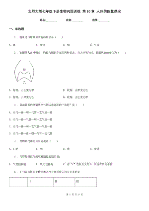 北師大版七年級下冊生物鞏固訓練 第10章 人體的能量供應