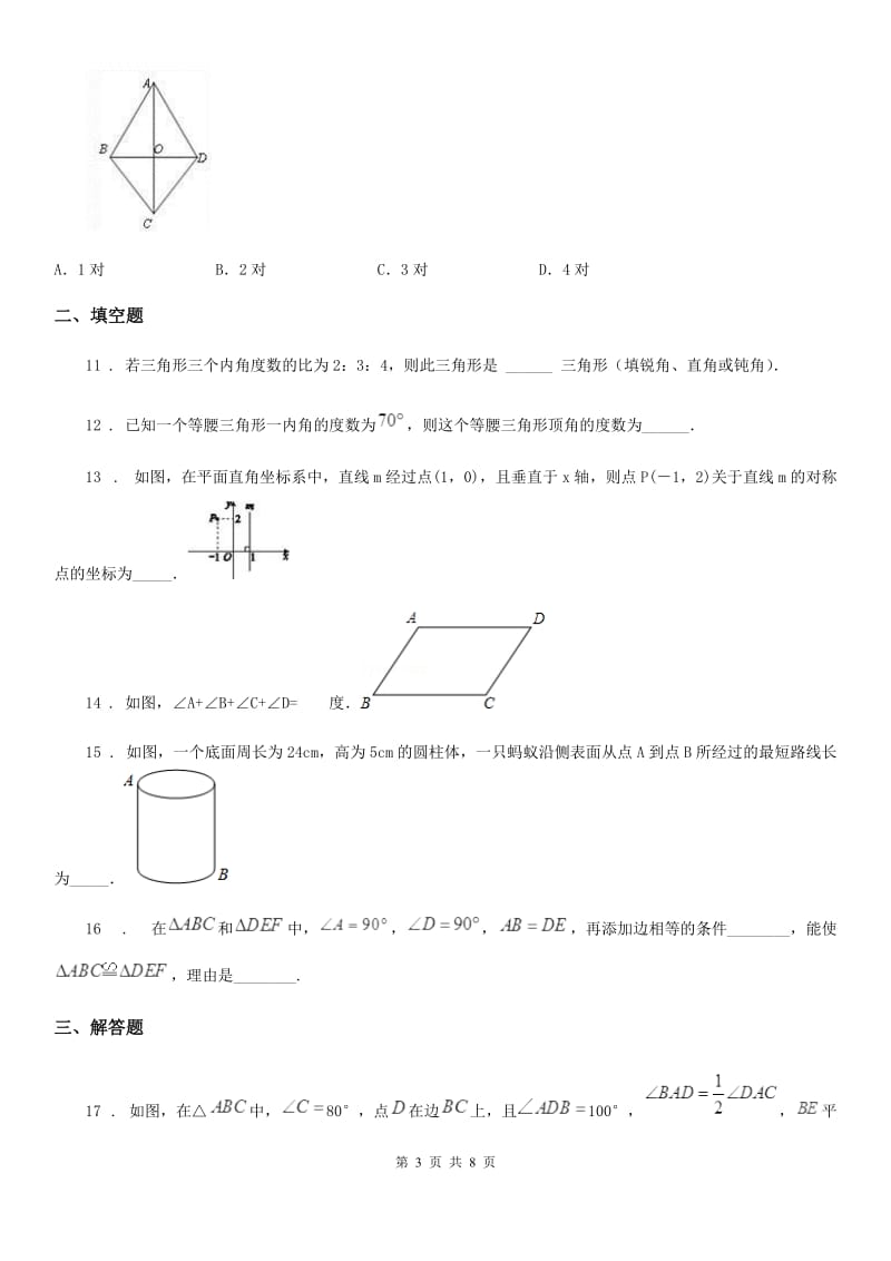 人教版2019年八年级上学期期中数学试题D卷(练习)_第3页