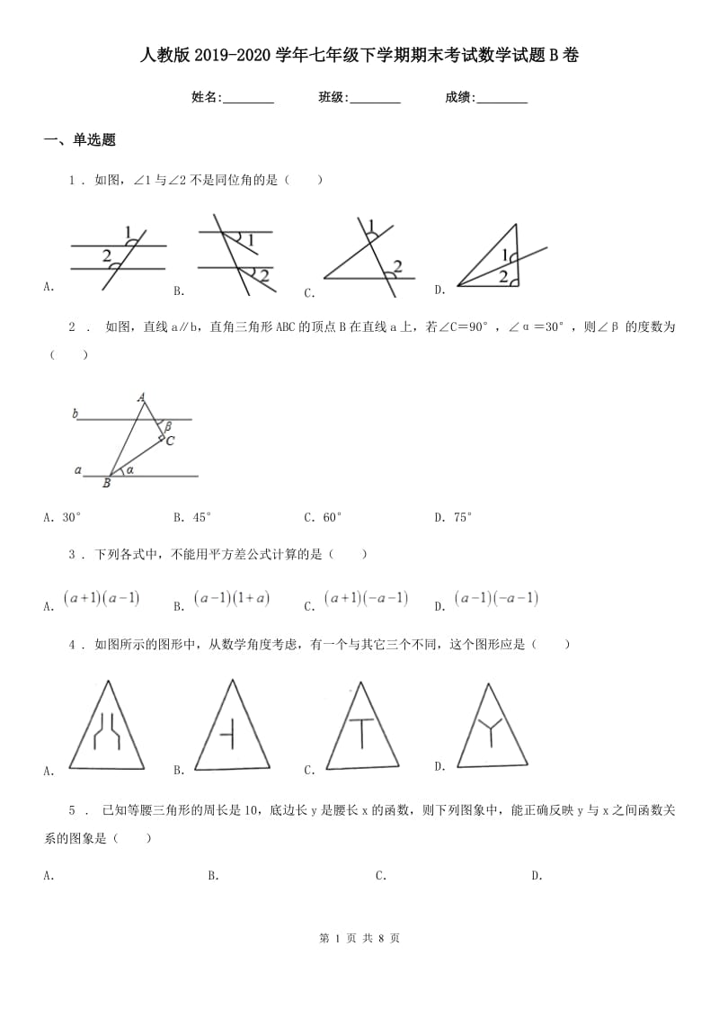 人教版2019-2020学年七年级下学期期末考试数学试题B卷_第1页