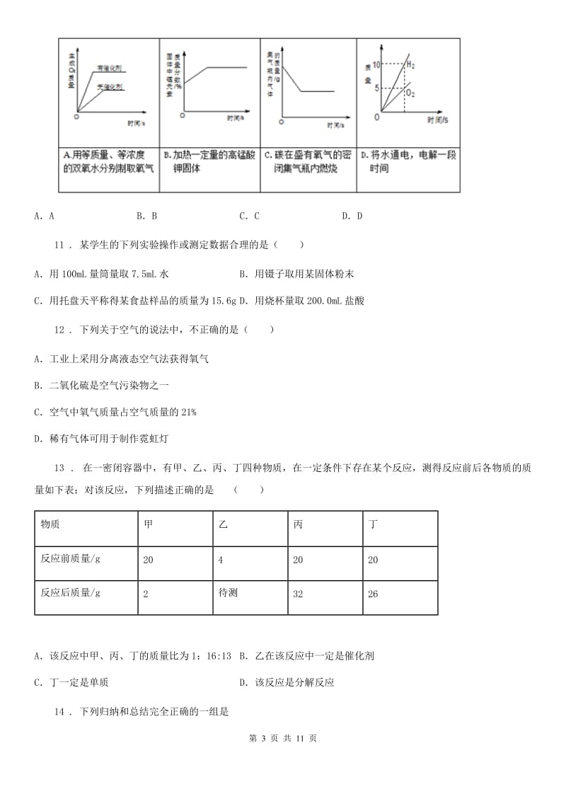 人教版2020版九年级上学期第一次月考化学试题A卷(模拟)_第3页