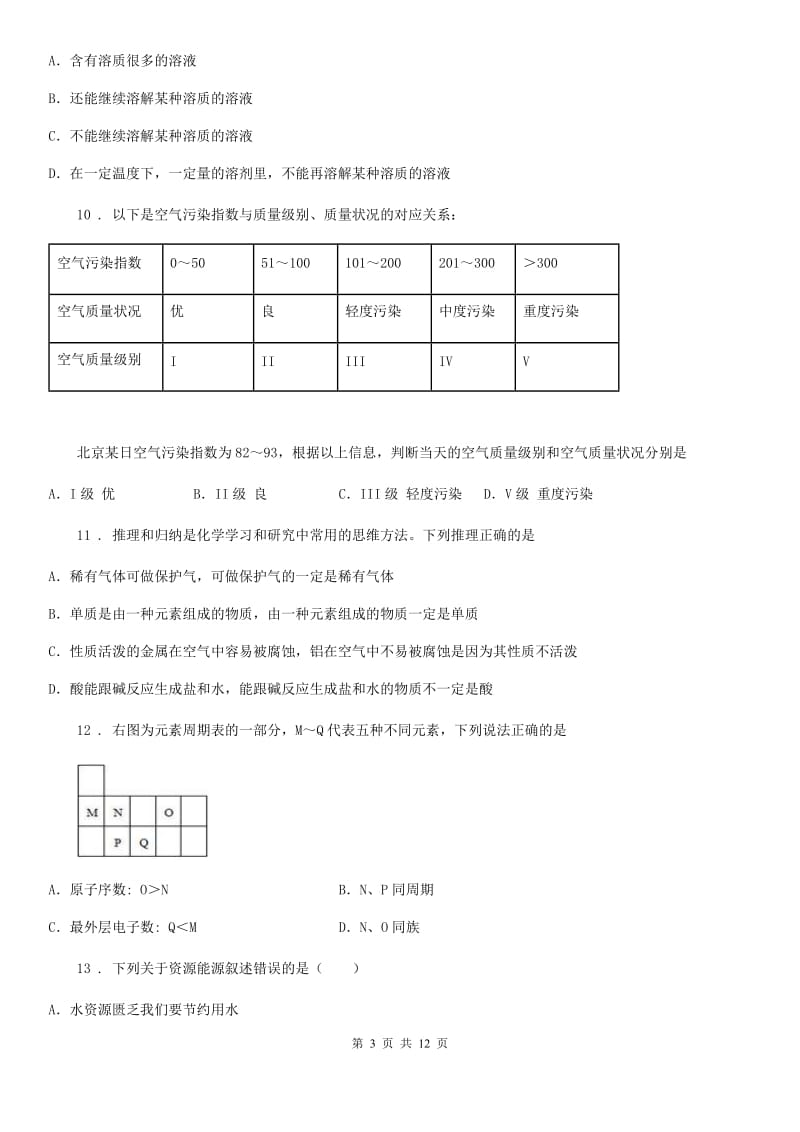 人教版2019版九年级上学期期末考试化学试题（I）卷(测试)_第3页