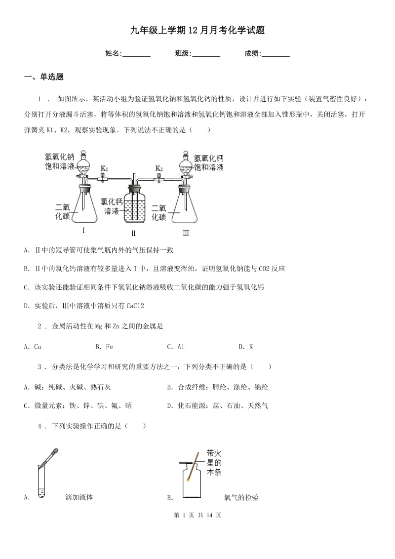 九年级上学期12月月考化学试题_第1页