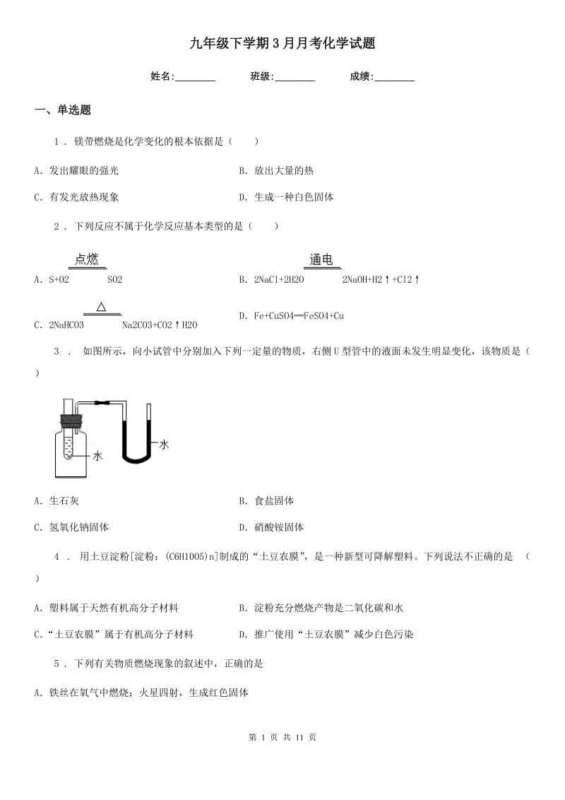 九年级下学期3月月考化学试题_第1页