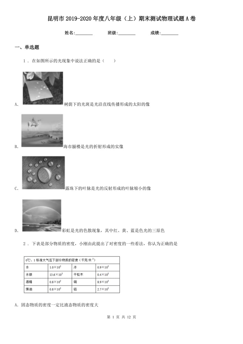 昆明市2019-2020年度八年级（上）期末测试物理试题A卷_第1页