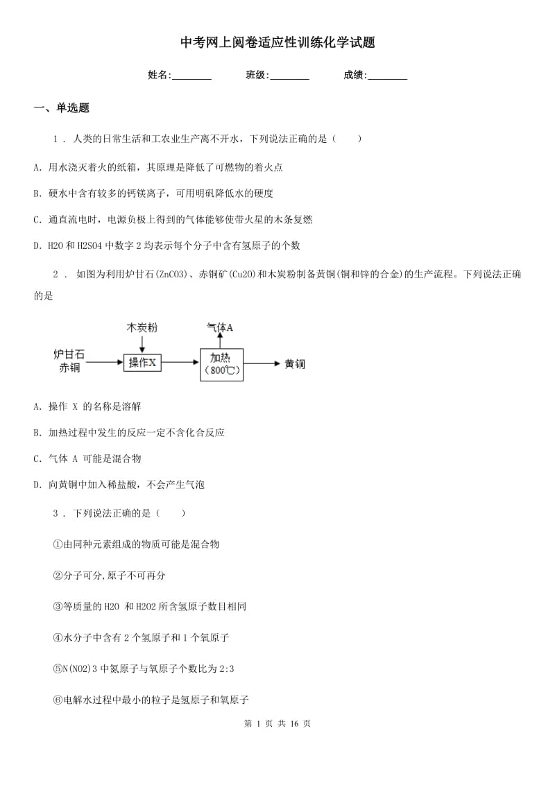 中考网上阅卷适应性训练化学试题_第1页