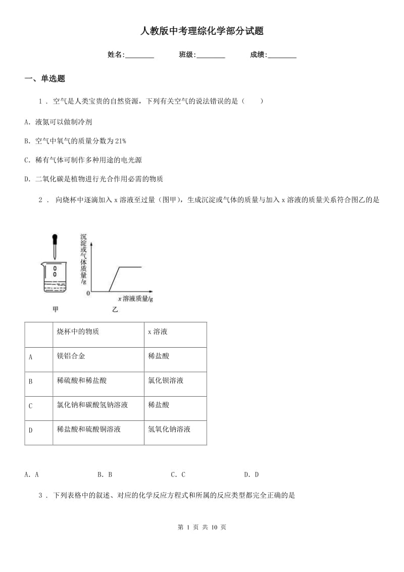 人教版中考理综化学部分试题_第1页