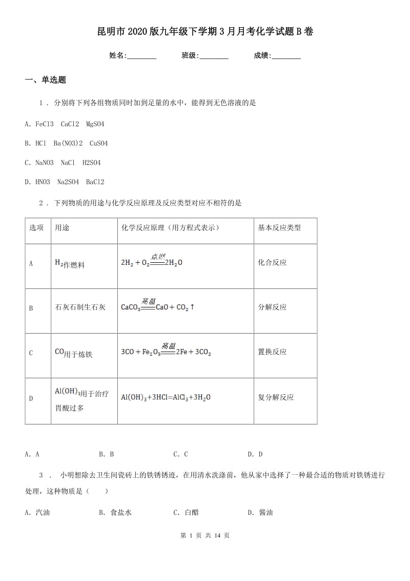 昆明市2020版九年级下学期3月月考化学试题B卷_第1页