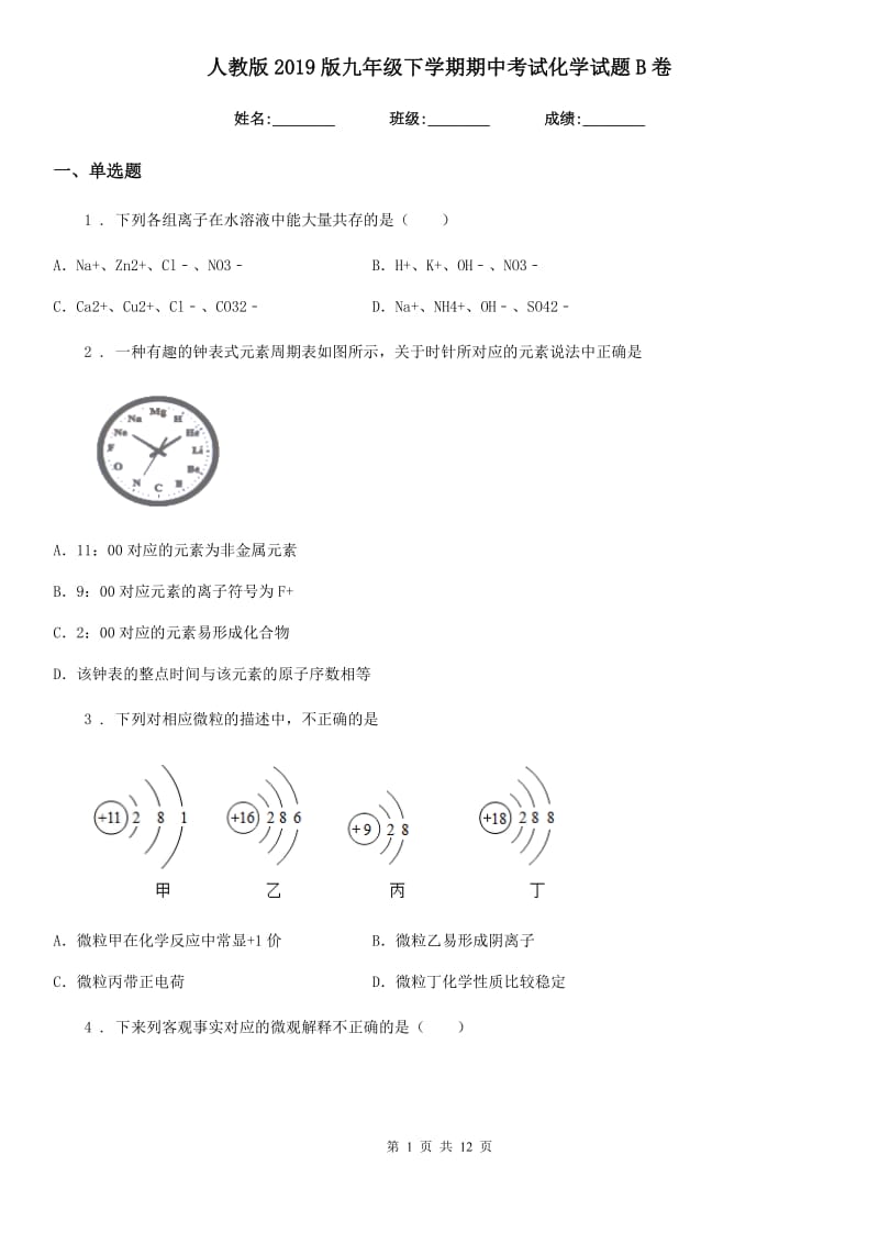 人教版2019版九年级下学期期中考试化学试题B卷_第1页