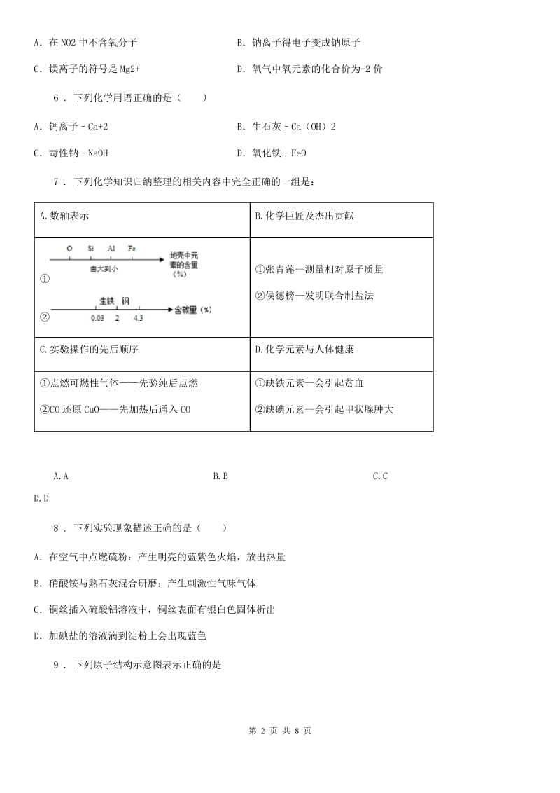 人教版2020年（春秋版）中考模拟化学试题D卷_第2页