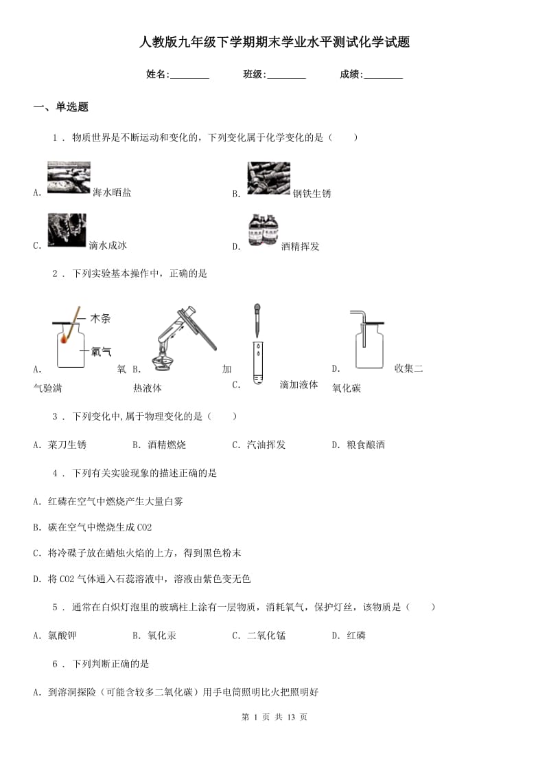 人教版九年级下学期期末学业水平测试化学试题_第1页