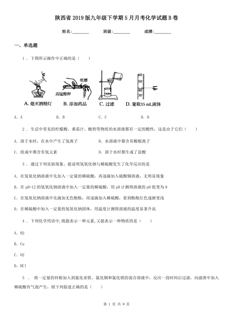 陕西省2019版九年级下学期5月月考化学试题B卷_第1页