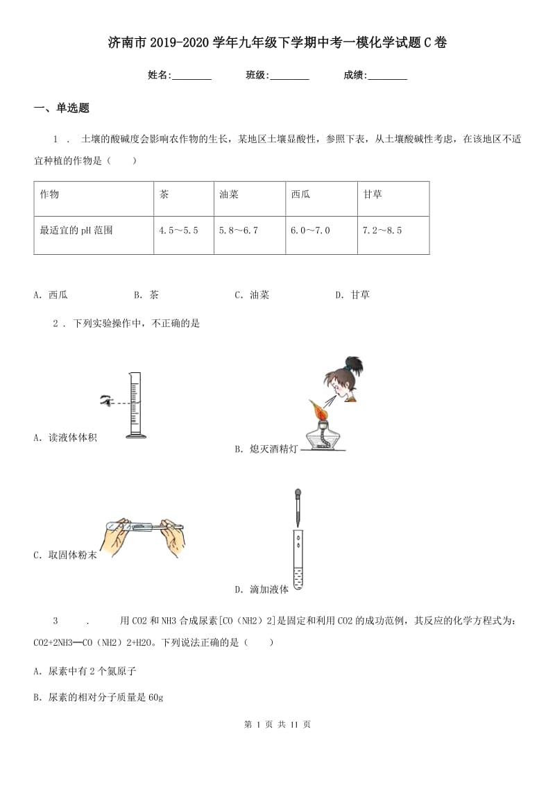 济南市2019-2020学年九年级下学期中考一模化学试题C卷_第1页