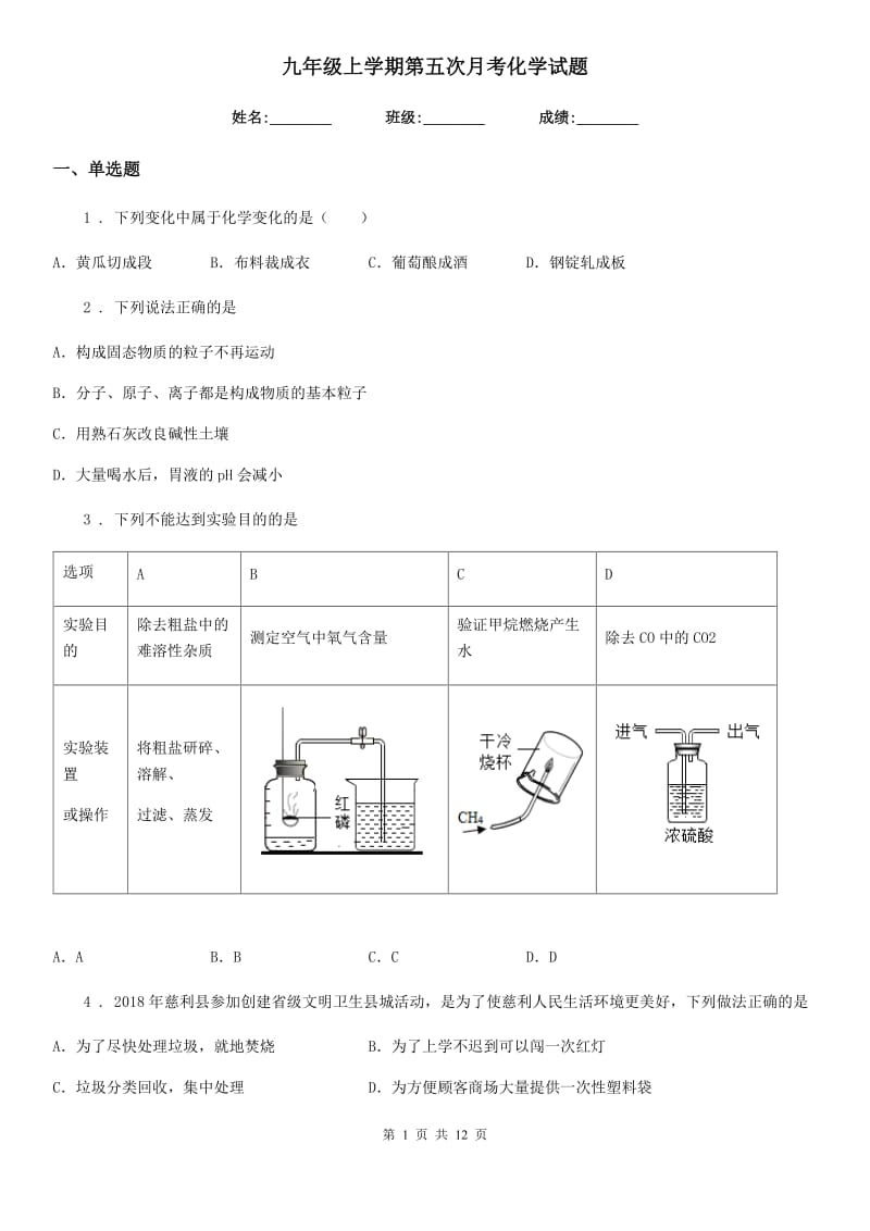 九年级上学期第五次月考化学试题_第1页