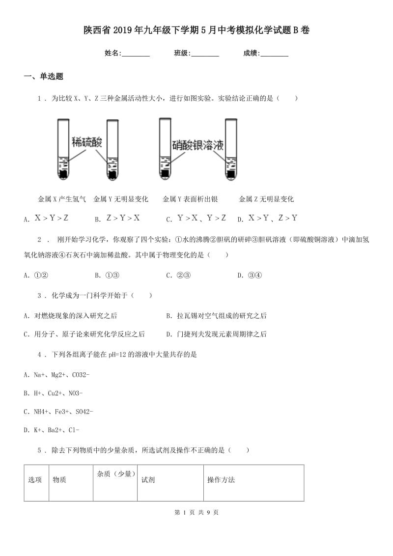 陕西省2019年九年级下学期5月中考模拟化学试题B卷_第1页