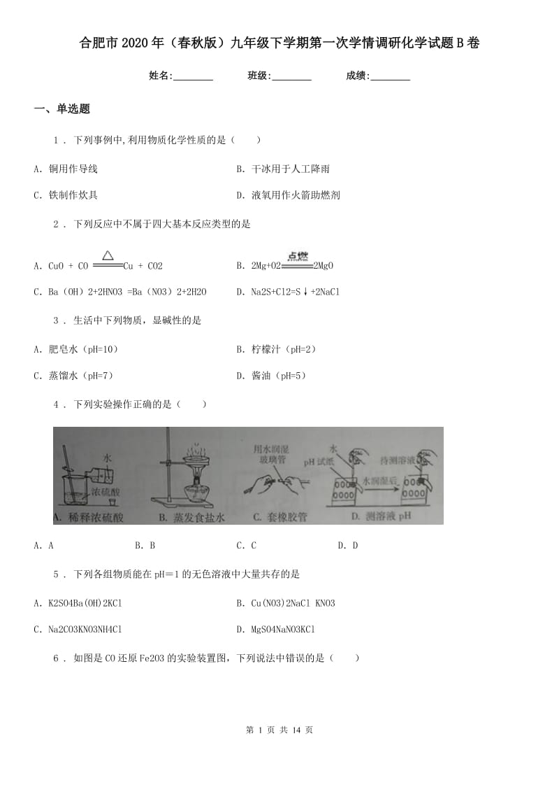 合肥市2020年（春秋版）九年级下学期第一次学情调研化学试题B卷_第1页