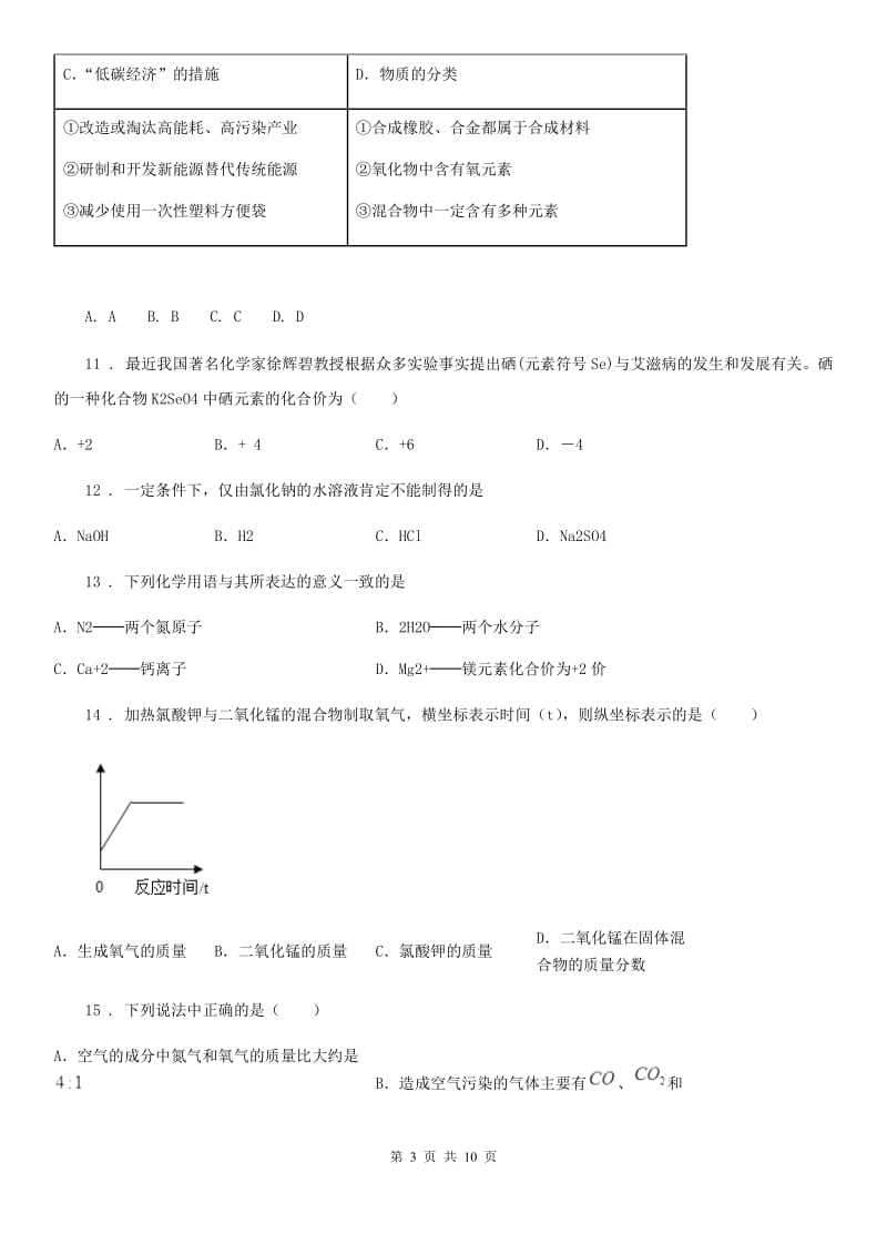 人教版2020年九年级上学期第二次月考化学试题（I）卷（练习）_第3页