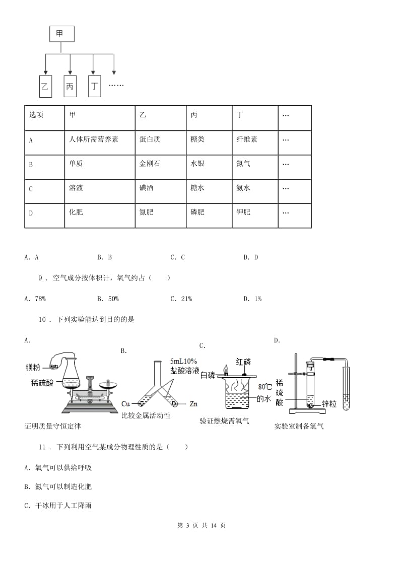 人教版九年级化学上学期期末试卷_第3页