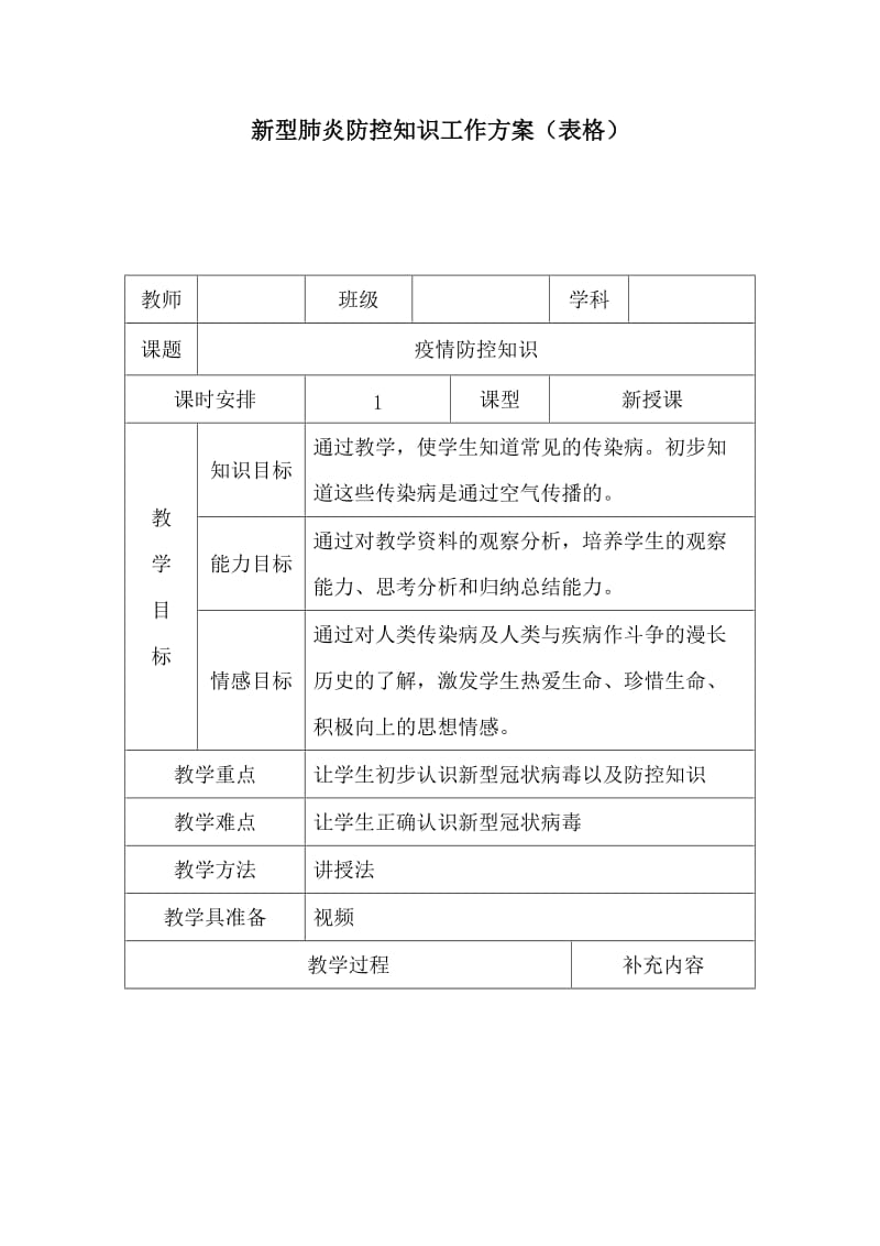 新型肺炎防控知识工作方案（表格）_第1页