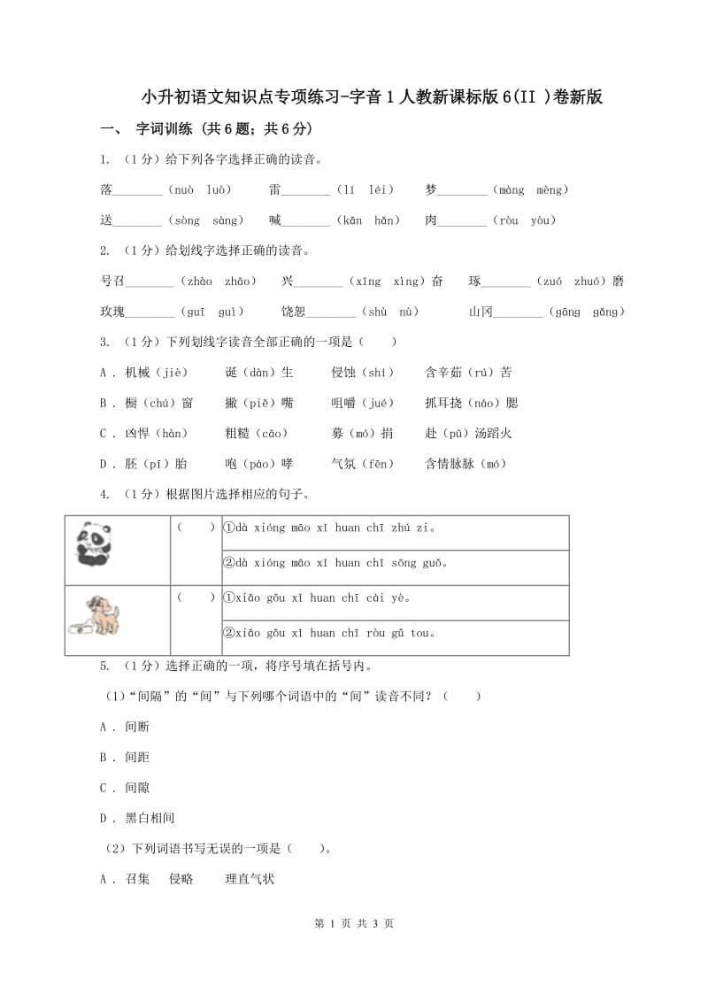 小升初语文知识点专项练习-字音1人教新课标版6(II )卷新版_第1页